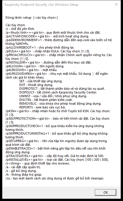 Cửa sổ chú giải công cụ, mô tả các tùy chọn lệnh để cài đặt ứng dụng qua CMD.