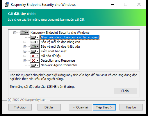 Cửa sổ bộ cài đặt chứa danh sách các thành phần mà người dùng có thể chọn.