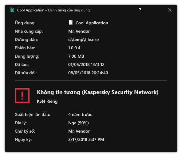 Cửa sổ chứa thông tin về danh tiếng của tập tin và dữ liệu khác, như sự hiện diện của chữ ký số.