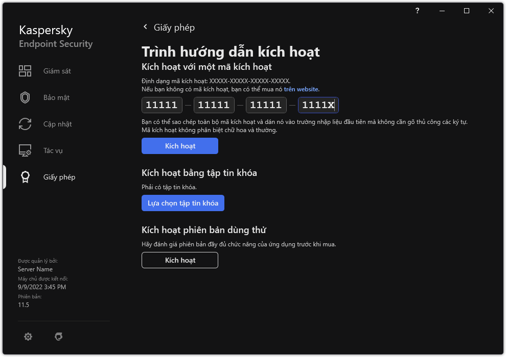 Cửa sổ chứa các công cụ kích hoạt ứng dụng. Người dùng có thể nhập mã kích hoạt hoặc chọn một tập tin khóa.