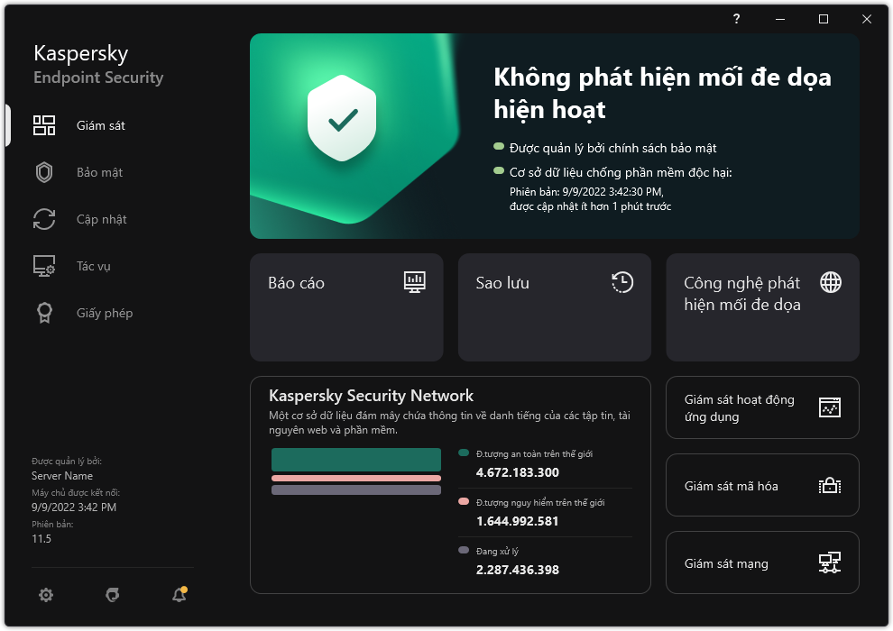 Cửa sổ chính của ứng dụng các phần để giám sát an ninh máy tính và kiểm soát ứng dụng.