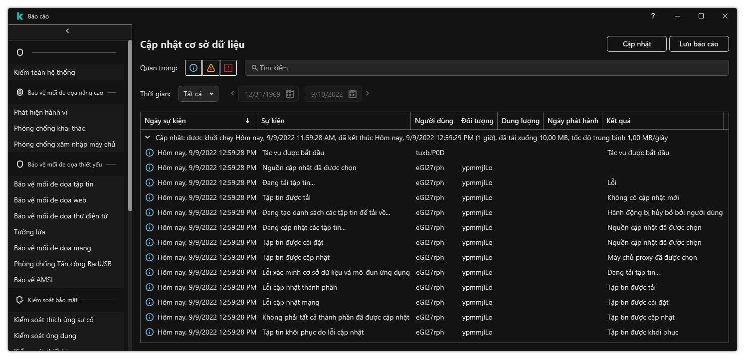 Một cửa sổ chứa danh sách các sự kiện trong báo cáo. Người dùng có thể lọc/sắp xếp các sự kiện và lưu báo cáo vào một tập tin.