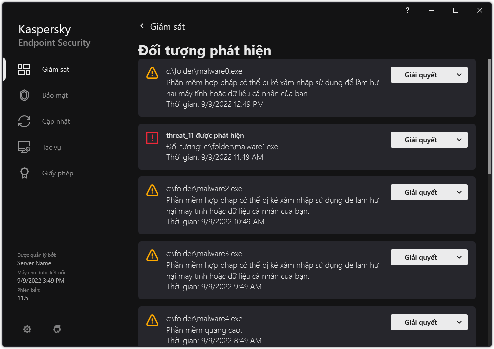 Một cửa sổ chứa danh sách các đối tượng được phát hiện. Thông tin về đối tượng được hiển thị. Người dùng có thể giải quyết hoặc xóa bỏ đối tượng.