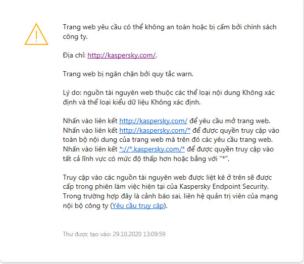 Thông báo của Kaspersky về việc truy cập một trang web có thể không bảo mật trong cửa sổ trình duyệt. Người dùng có thể tạo một yêu cầu truy cập tài nguyên web.