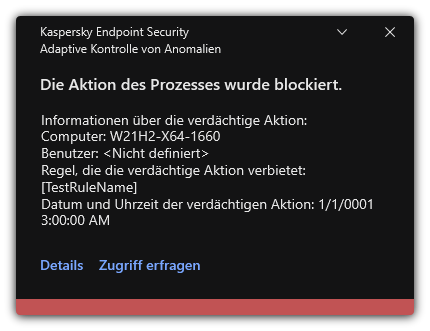 Benachrichtigung über eine ausgelöste Regel. Der Benutzer kann eine Erlaubnisanfrage für eine Prozessaktion erstellen.