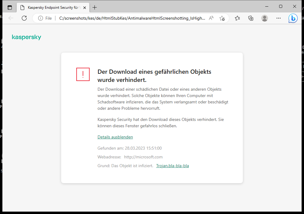Kaspersky-Benachrichtigung: Das Laden eines schädlichen Objekts im Browserfenster wurde verhindert.