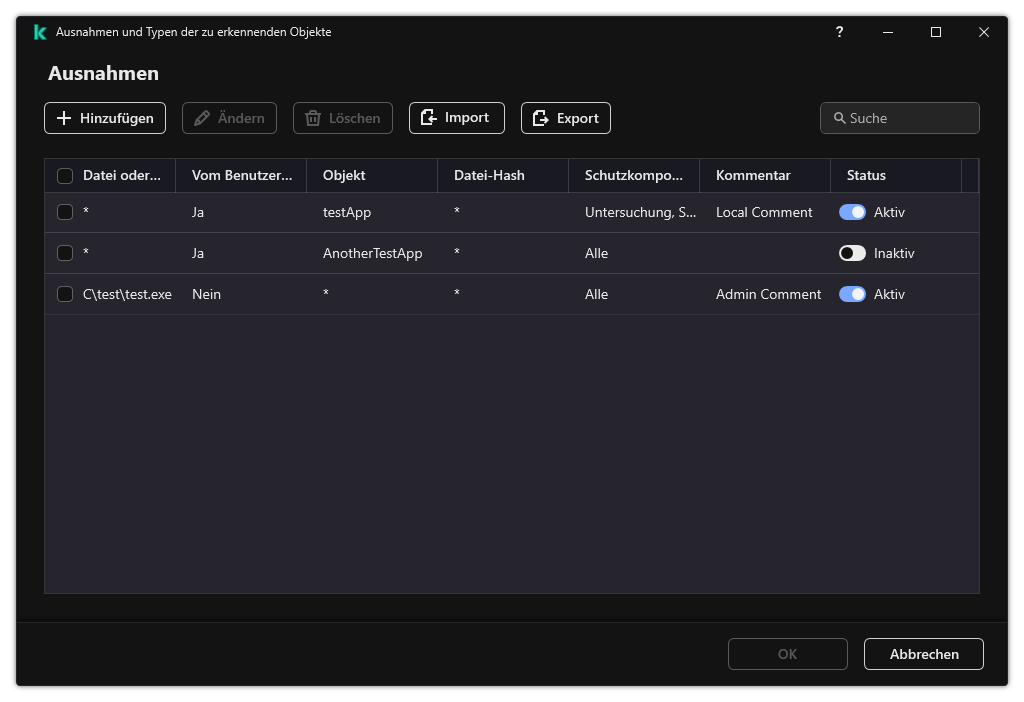Ein Fenster mit der Liste der Ausnahmen. Die Eigenschaften der Ausnahme werden angezeigt. Der Benutzer kann Ausnahmen hinzufügen, bearbeiten oder löschen.
