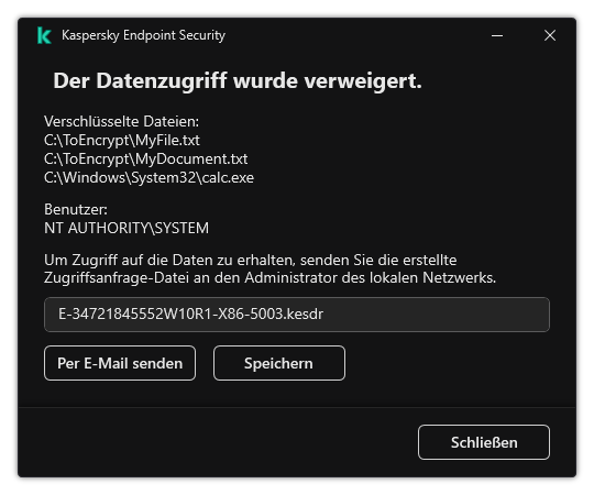Ein Fenster mit einer Zugriffsanfrage-Datei für verschlüsselte Daten. Der Benutzer kann die generierte Datei auf der Festplatte speichern oder per E-Mail versenden.