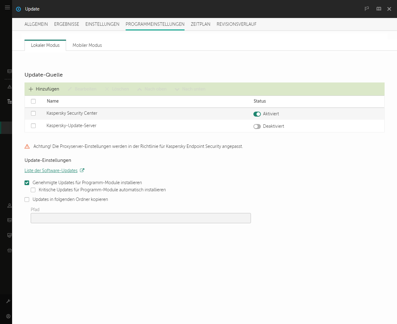 Ein Fenster mit einer Liste der Update-Quellen. Der Benutzer kann Update-Quellen hinzufügen und jeder Quelle eine Priorität zuweisen.
