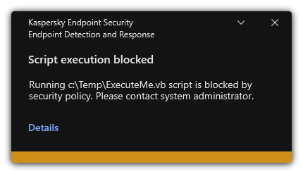 Notification about blocked script execution. The user can view detailed information about the rule.