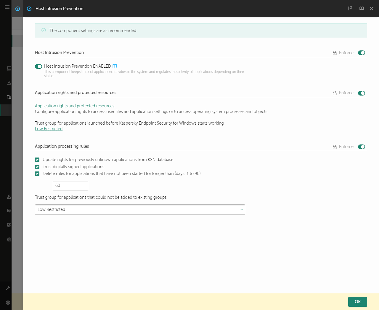 Intrusion Prevention settings window.