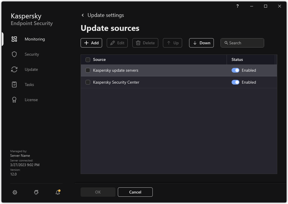 A window with the list of update sources. The user can add update sources and assign a priority to the source.