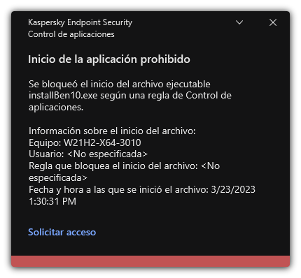 Notificación sobre el inicio de la aplicación bloqueada. El usuario puede crear una solicitud para iniciar la aplicación.