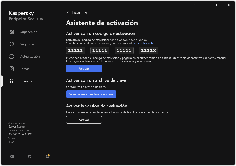 Ventana con las herramientas de activación de la aplicación. El usuario puede introducir un código de activación o seleccionar un archivo clave.