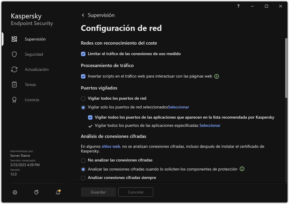 Ventana de configuración de red de la aplicación.