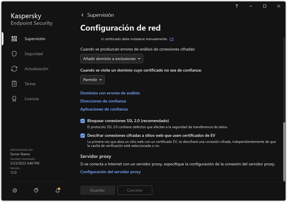 Ventana de configuración de red de la aplicación.