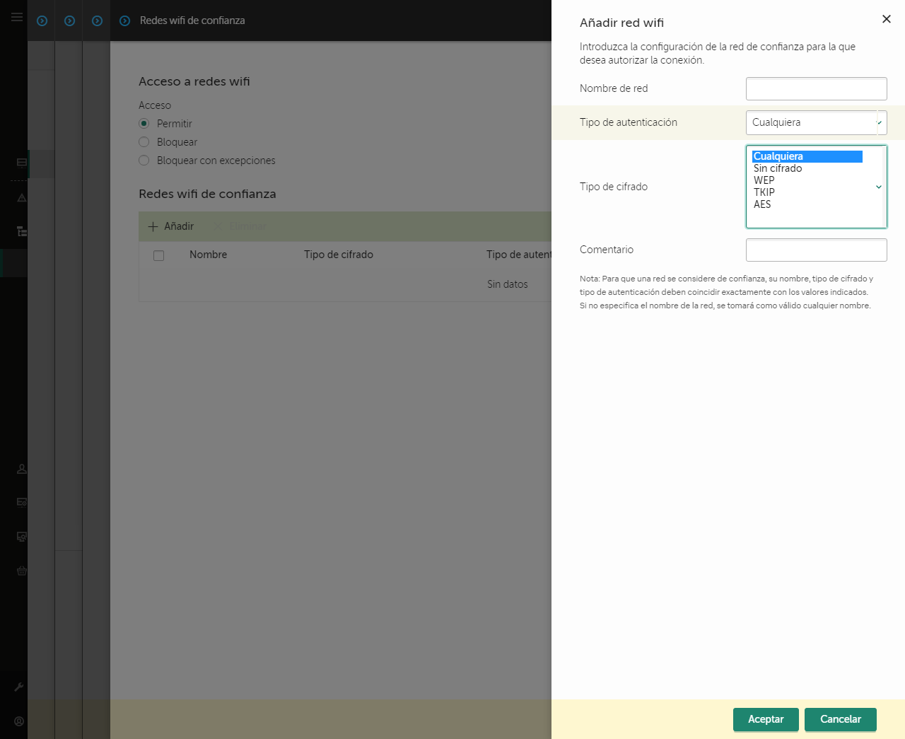 La ventana contiene la configuración de la red wifi de confianza.
