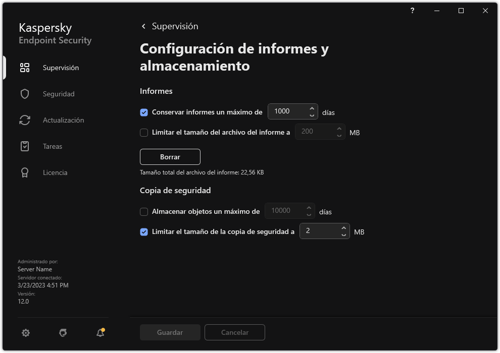 Ventana de configuración de informes y almacenamiento. El usuario puede establecer el tamaño y limitar el tiempo de almacenamiento de informes y objetos en el repositorio.