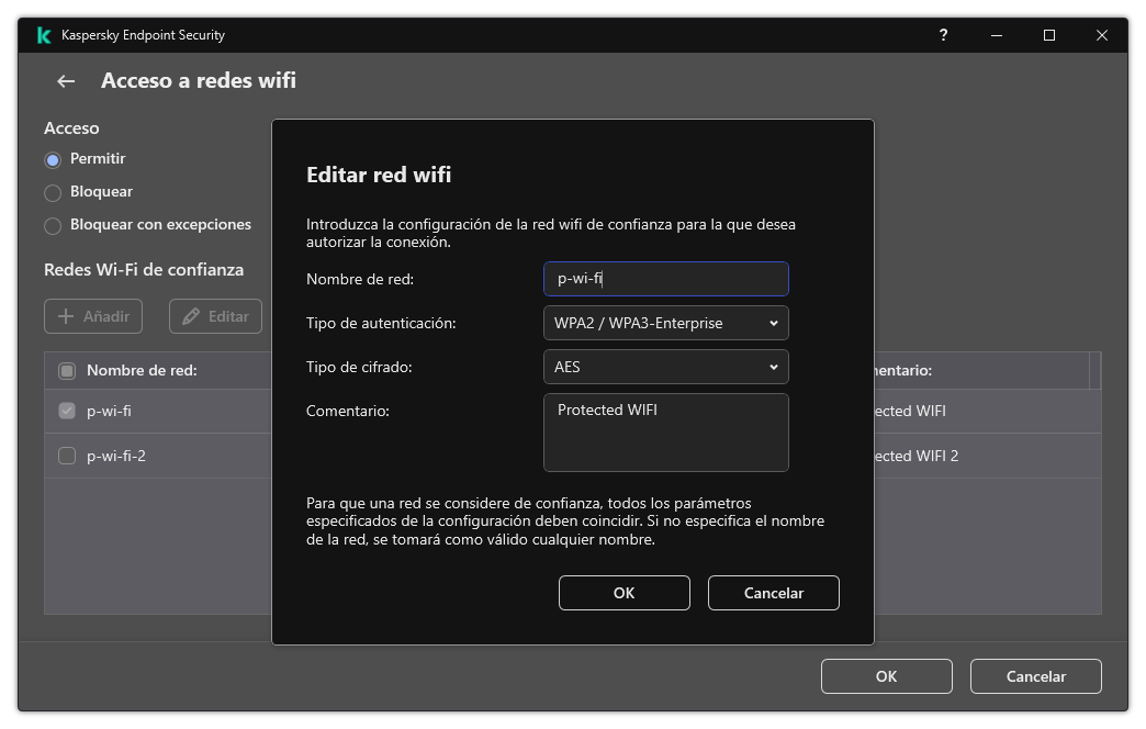 La ventana contiene la configuración de la red wifi de confianza.