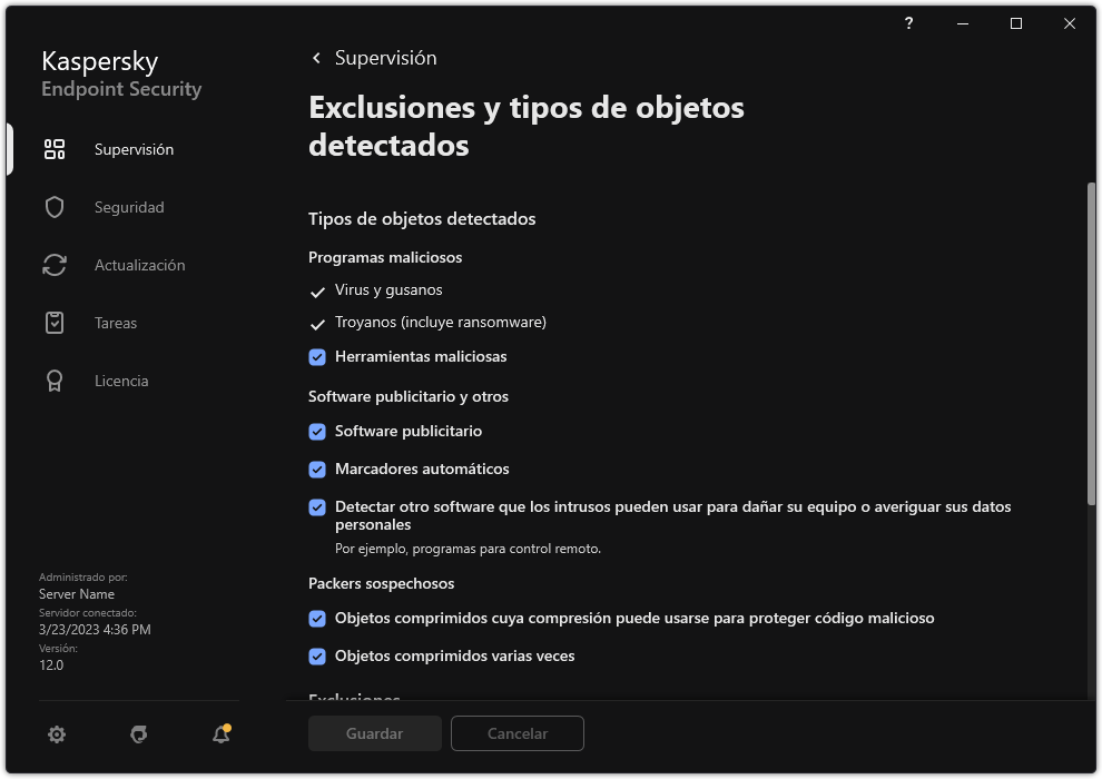 Ventana de configuración de exclusiones. El usuario puede seleccionar tipos de objetos detectados y añadir objetos a exclusiones.