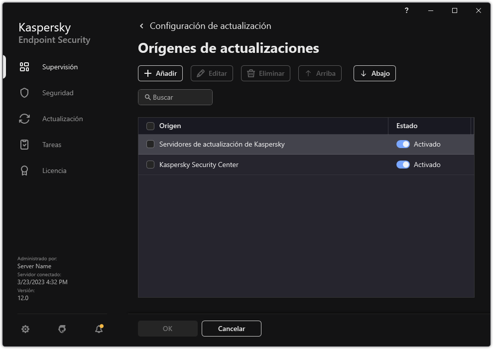 Una ventana con la lista de fuentes de actualización. El usuario puede agregar fuentes de actualización y asignar una prioridad a la fuente.