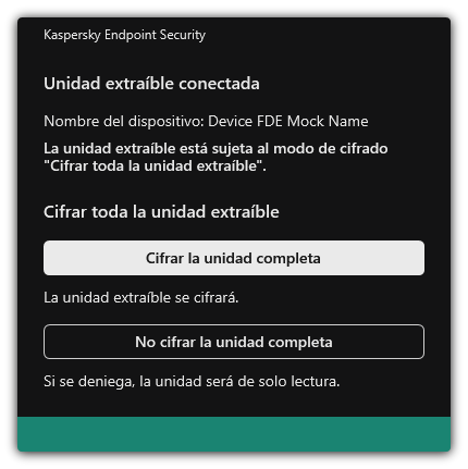 Notificación sobre una unidad conectada con el cifrado de archivos activado. El usuario puede cifrar archivos o rechazar.