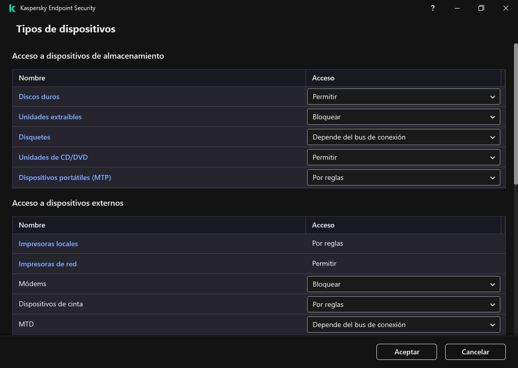 Ventana para configurar el acceso a los dispositivos. El usuario puede configurar el acceso a los dispositivos y establecer parámetros de acceso adicionales, como la programación de acceso.