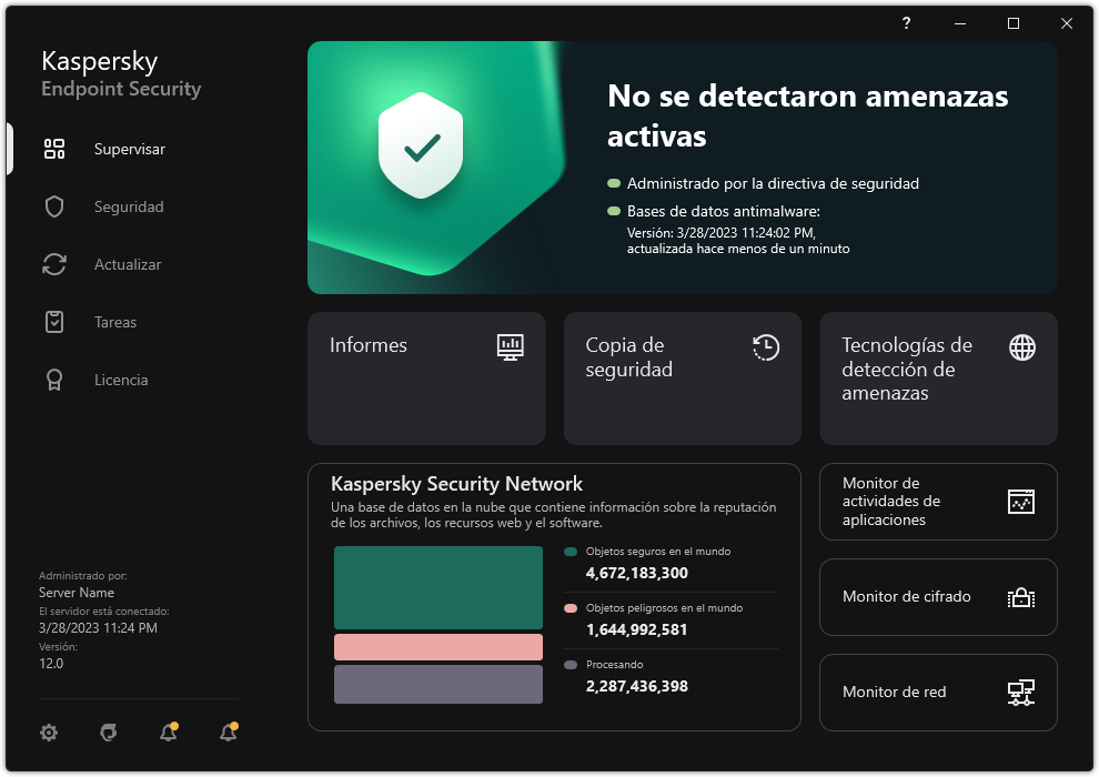 La ventana principal de la aplicación contiene secciones para la supervisión de la seguridad informática y el control de aplicaciones.