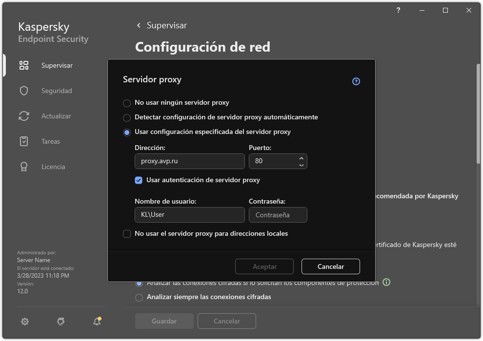 La ventana para configurar la conexión del servidor proxy. El usuario puede configurar la dirección del servidor proxy y las credenciales para conectarse al servidor proxy.