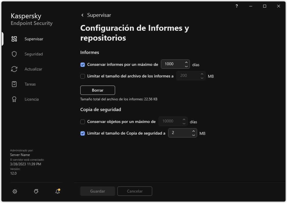Ventana Configuración de informes y repositorios. El usuario puede establecer el tamaño y limitar el tiempo de almacenamiento de informes y objetos en el repositorio.