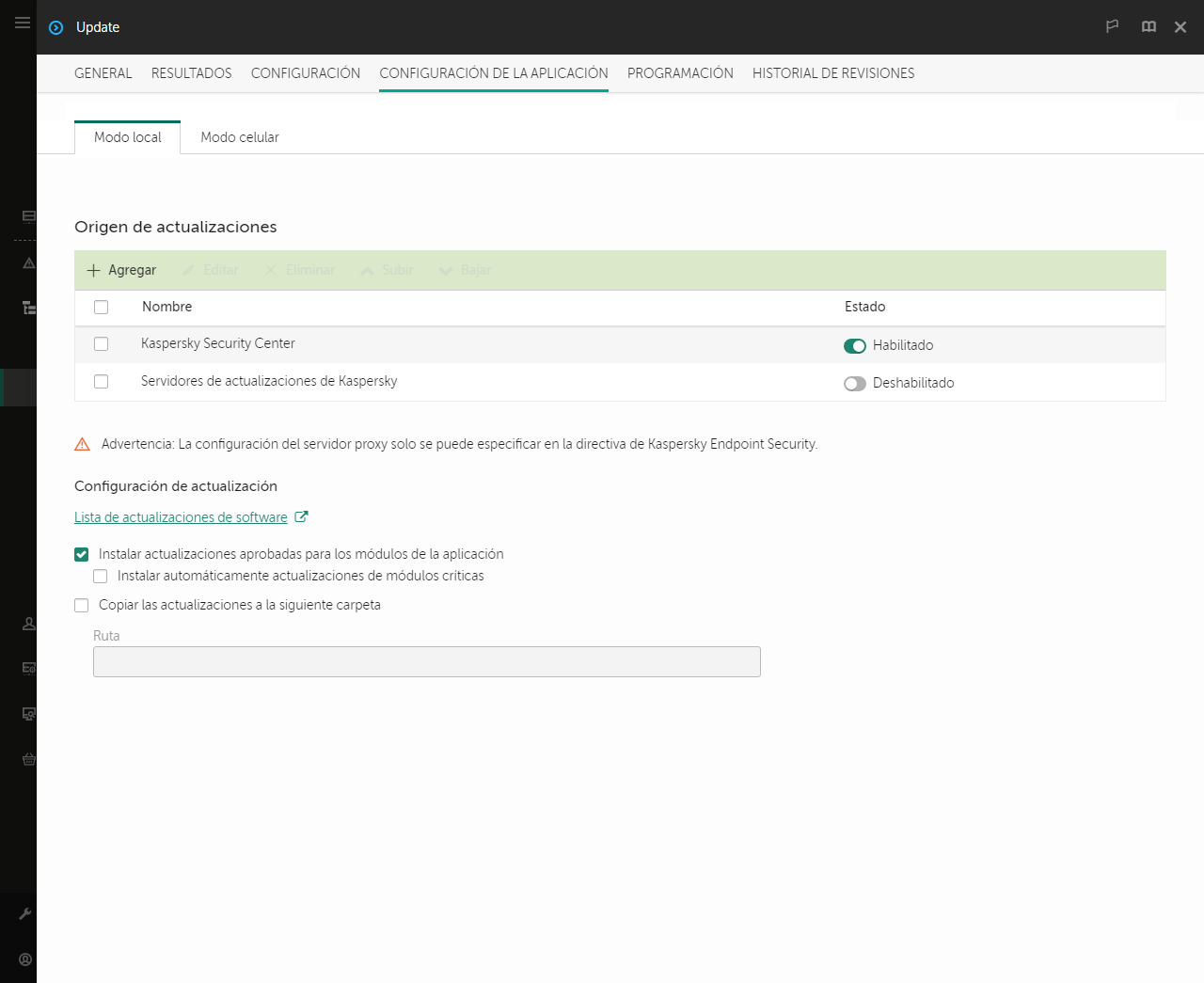 Una ventana con la lista de orígenes de actualizaciones. El usuario puede agregar orígenes de actualizaciones y asignar una prioridad a la fuente.