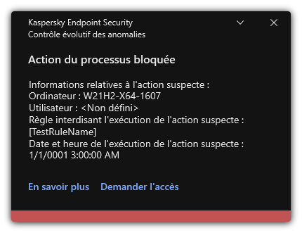 Notification concernant le déclenchement d'une règle. L'utilisateur peut créer une demande pour autoriser une action du processus.