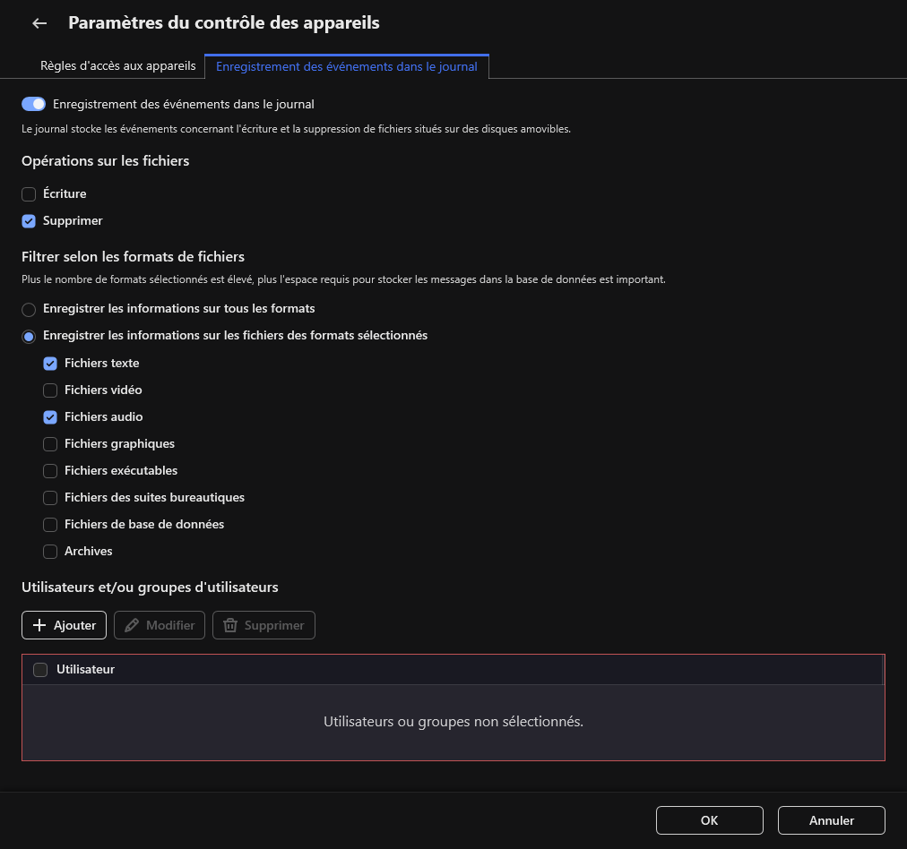 La fenêtre de configuration de la journalisation des événements concernant l'utilisation des disques amovibles. L'utilisateur peut sélectionner les événements à consigner.