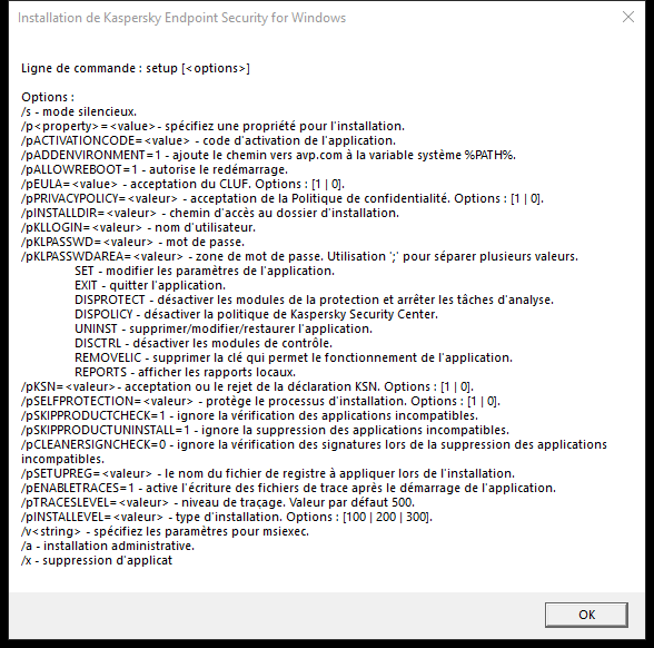 La fenêtre d'infobulle décrivant les options de commande pour installer l'application via CMD.