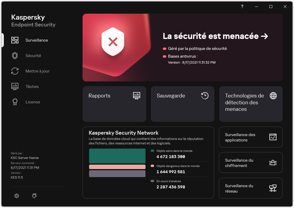 Fenêtre principale de l'application en cas de menaces non traitées. Le message «&nbsp;La sécurité est menacée&nbsp;» s'affiche.