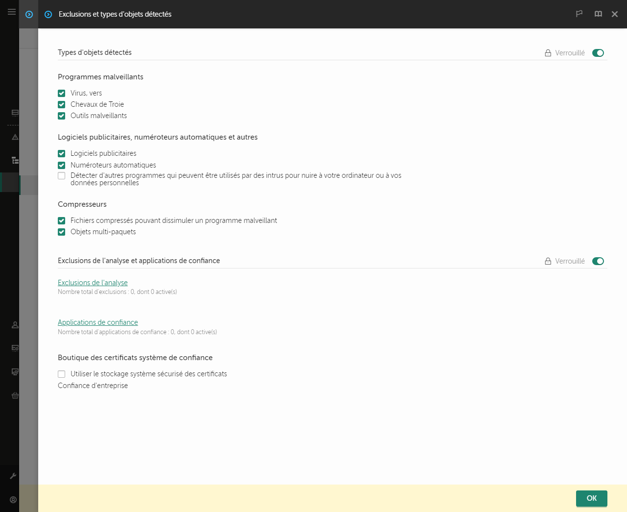 Fenêtre des paramètres d'exclusion. L'utilisateur peut ajouter des exclusions et des applications de confiance.