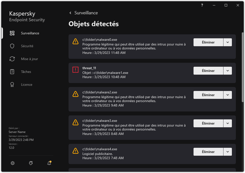 Une fenêtre avec la liste des objets détectés. Les informations sur l'objet s'affichent. L'utilisateur peut résoudre ou supprimer l'objet.