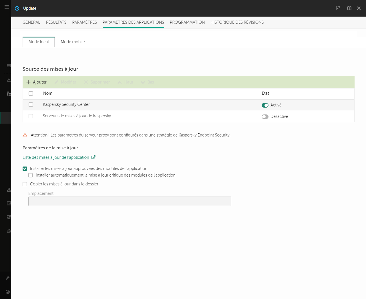 Une fenêtre avec la liste des sources de mises à jour. L'utilisateur peut ajouter des sources de mises à jour et attribuer une priorité à la source.