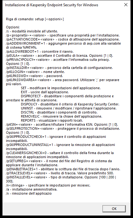 Finestra con le descrizioni delle opzioni di comando per installare l'applicazione tramite CMD.