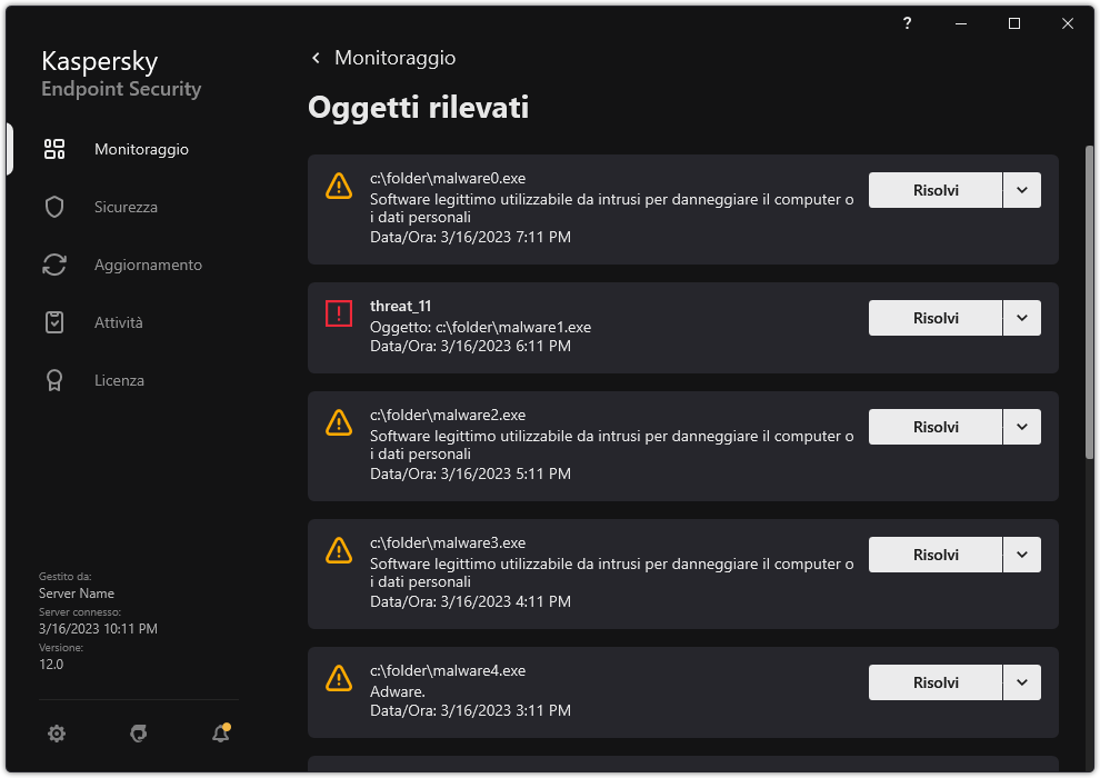 Una finestra con l'elenco degli oggetti rilevati. Vengono visualizzate informazioni sull'oggetto. L'utente può risolvere o rimuovere l'oggetto.