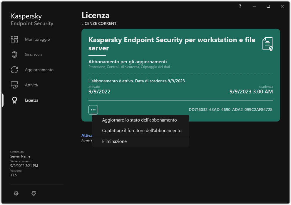 La finestra con le informazioni sulla licenza. L'utente può aggiornare lo stato dell'abbonamento, contattare il fornitore dell'abbonamento o rimuovere la licenza.