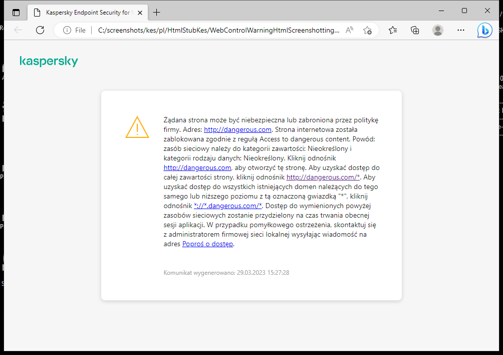 Powiadomienie firmy Kaspersky o odwiedzeniu potencjalnie niebezpiecznej strony internetowej w oknie przeglądarki. Użytkownik może utworzyć żądanie dostępu do zasobu internetowego.
