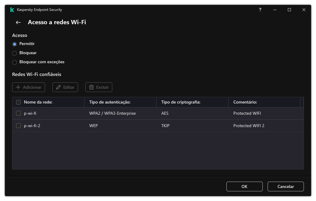 Janela com uma lista de redes Wi-Fi. O usuário pode configurar o acesso a todas as redes Wi-Fi e adicionar redes Wi-Fi confiáveis.