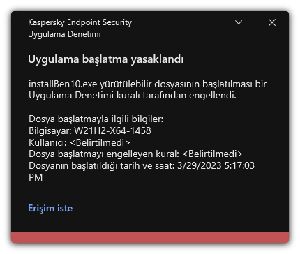 Engellenen uygulama başlatma hakkında bildirim. Kullanıcı, uygulamayı başlatmak için bir istek oluşturabilir.