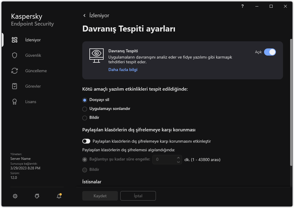 Davranış Tespiti ayarları penceresi.