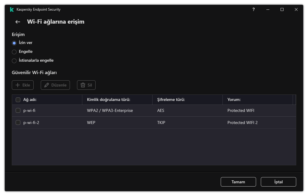 Wi-Fi ağlarının listesini içeren pencere. Kullanıcı tüm Wi-Fi ağlarına erişimi yapılandırabilir ve güvenilir Wi-Fi ağları ekleyebilir.