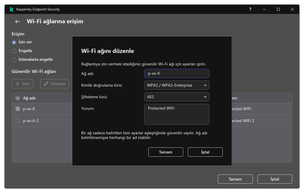 Pencere, güvenilir Wi-Fi ağının ayarlarını içerir.