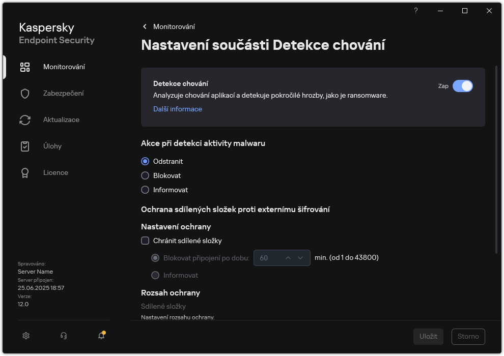 Okno nastavení součásti Detekce chování.