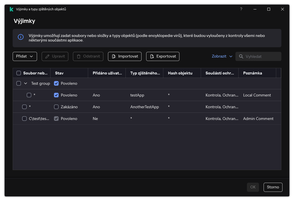 Okno se seznamem výjimek. Zobrazí se vlastnosti výjimky. Uživatel může přidávat, upravovat nebo odstraňovat výjimky.