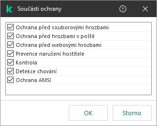 Okno se seznamem součástí aplikace. Výjimka se vztahuje pouze na provoz vybraných součástí.